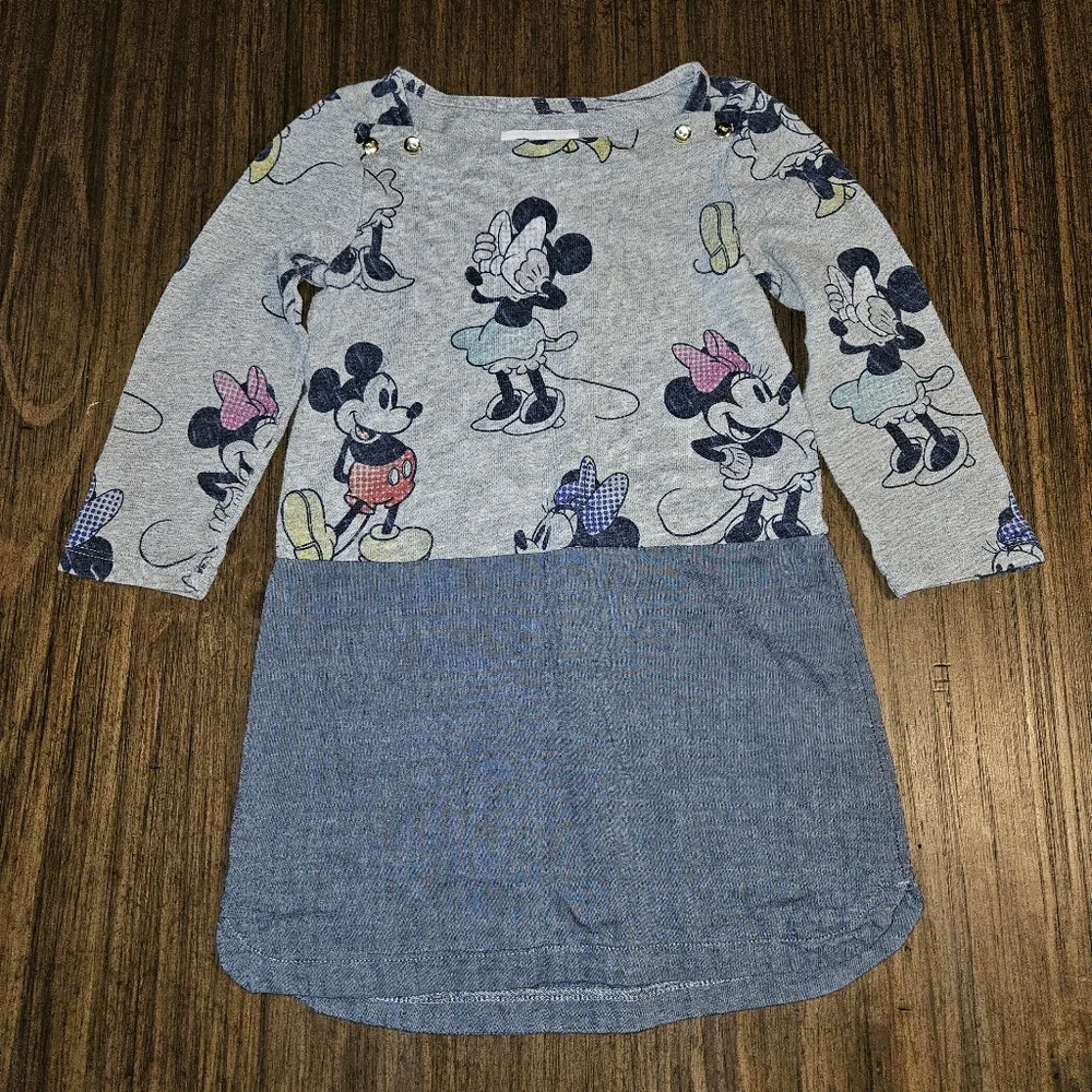 Disney Baby Gap Mickey Minnie Dress 4 Cotton Long Sleeve Gray Denim